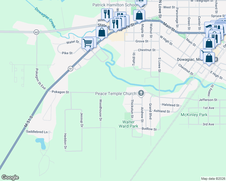 map of restaurants, bars, coffee shops, grocery stores, and more near 28858 Pokagon Street in Dowagiac