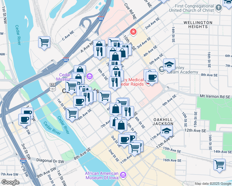 map of restaurants, bars, coffee shops, grocery stores, and more near 505 6th Street Southeast in Cedar Rapids