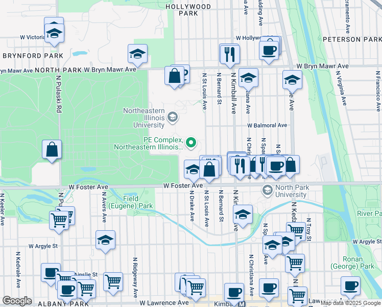 map of restaurants, bars, coffee shops, grocery stores, and more near 5500 North Saint Louis Avenue in Chicago
