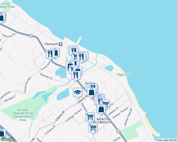 map of restaurants, bars, coffee shops, grocery stores, and more near 14 Hedge Road in Plymouth