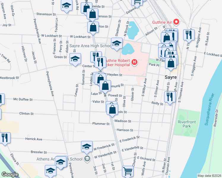 map of restaurants, bars, coffee shops, grocery stores, and more near 333 Chemung Street in Sayre