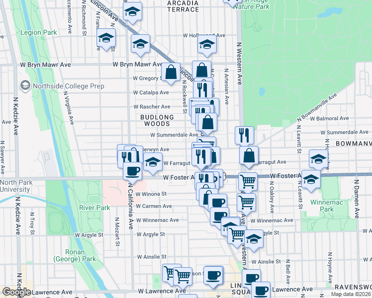 map of restaurants, bars, coffee shops, grocery stores, and more near North Rockwell Street & West Berwyn Avenue in Chicago