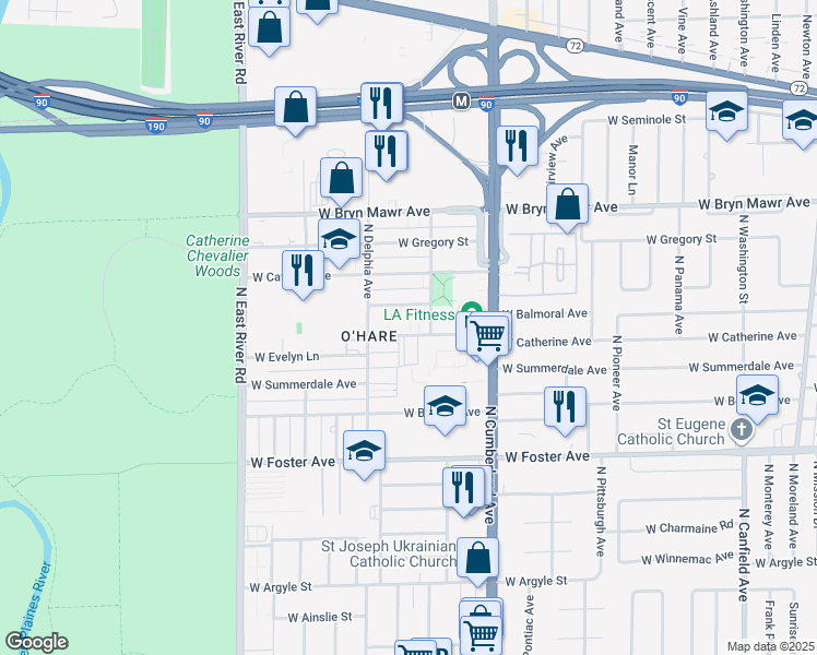 map of restaurants, bars, coffee shops, grocery stores, and more near 8518 West Catherine Avenue in Chicago