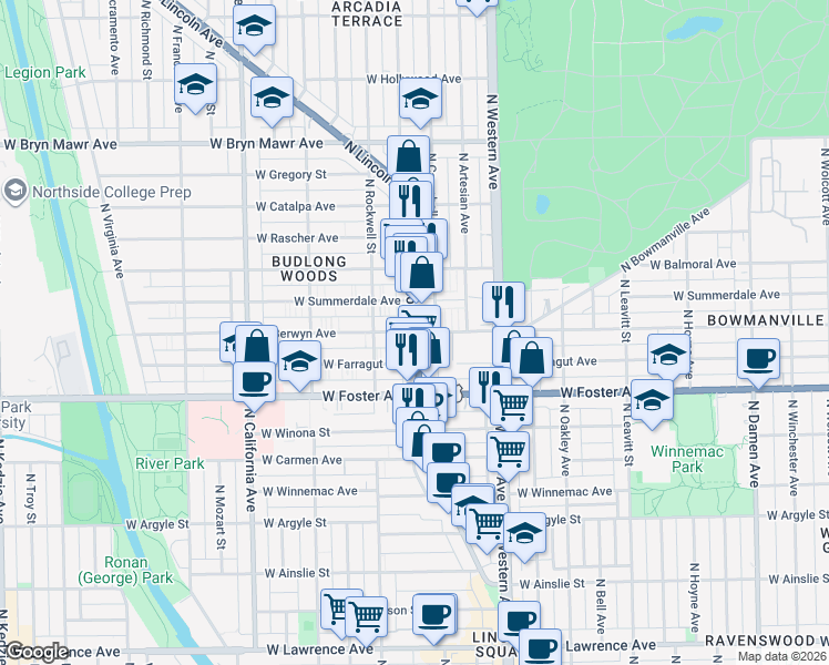 map of restaurants, bars, coffee shops, grocery stores, and more near North Lincoln Avenue & West Berwyn Avenue in Chicago