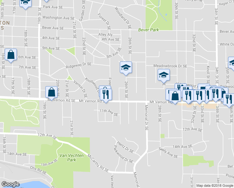 map of restaurants, bars, coffee shops, grocery stores, and more near 715 25th Street Southeast in Cedar Rapids