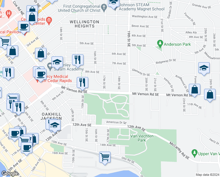 map of restaurants, bars, coffee shops, grocery stores, and more near 860 17th Street Southeast in Cedar Rapids