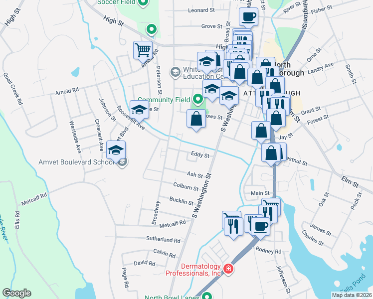 map of restaurants, bars, coffee shops, grocery stores, and more near 54 Eddy Street in North Attleborough