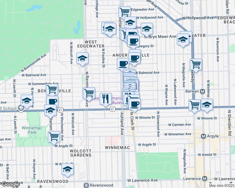map of restaurants, bars, coffee shops, grocery stores, and more near 1616 West Farragut Avenue in Chicago