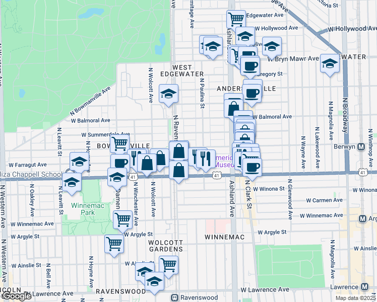 map of restaurants, bars, coffee shops, grocery stores, and more near 1733 West Berwyn Avenue in Chicago