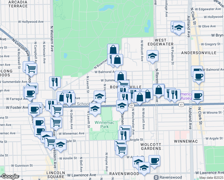 map of restaurants, bars, coffee shops, grocery stores, and more near 2037 West Berwyn Avenue in Chicago