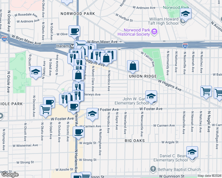 map of restaurants, bars, coffee shops, grocery stores, and more near 7000 West Berwyn Avenue in Chicago