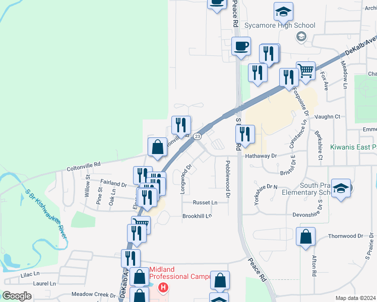 map of restaurants, bars, coffee shops, grocery stores, and more near 1808 Kennicott Court in Sycamore