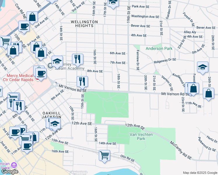 map of restaurants, bars, coffee shops, grocery stores, and more near 860 17th Street Southeast in Cedar Rapids