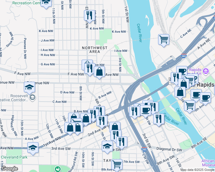 map of restaurants, bars, coffee shops, grocery stores, and more near 312 4th Street Northwest in Cedar Rapids