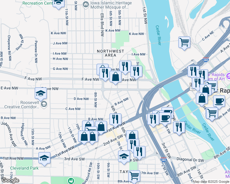 map of restaurants, bars, coffee shops, grocery stores, and more near 503 C Avenue Northwest in Cedar Rapids