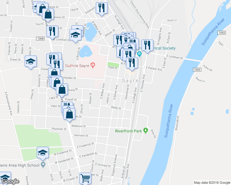 map of restaurants, bars, coffee shops, grocery stores, and more near South Elmer Avenue in Sayre