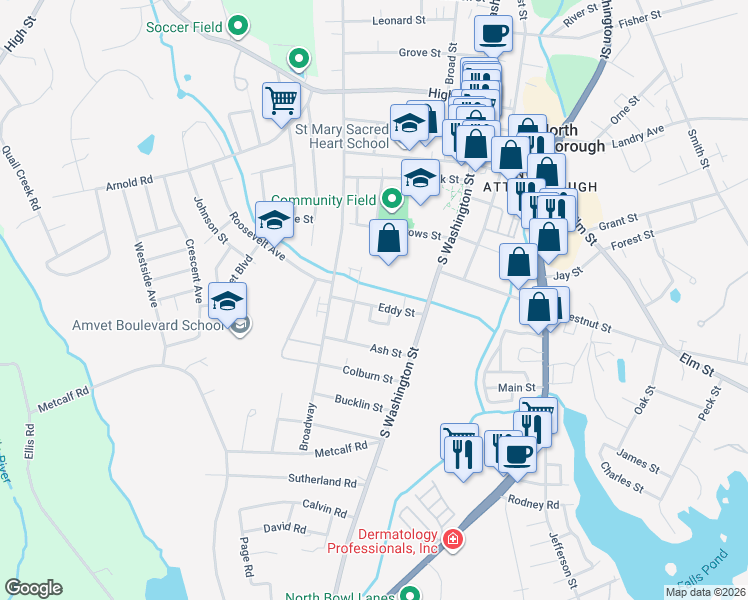 map of restaurants, bars, coffee shops, grocery stores, and more near 54 Eddy Street in North Attleborough