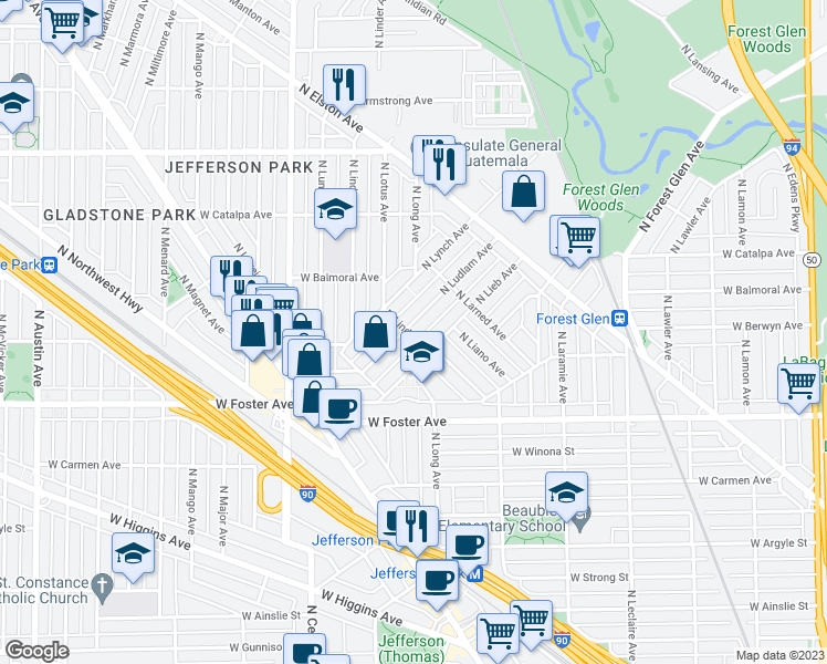 map of restaurants, bars, coffee shops, grocery stores, and more near 5301 North Ludlam Avenue in Chicago