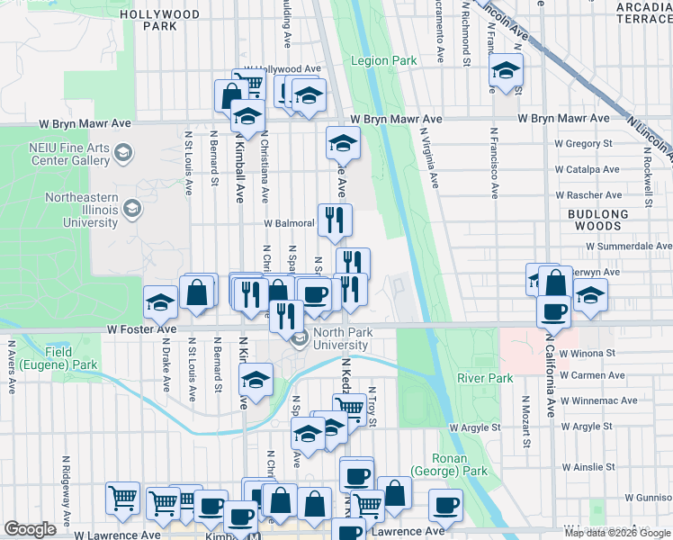 map of restaurants, bars, coffee shops, grocery stores, and more near 5300 North Kedzie Avenue in Chicago