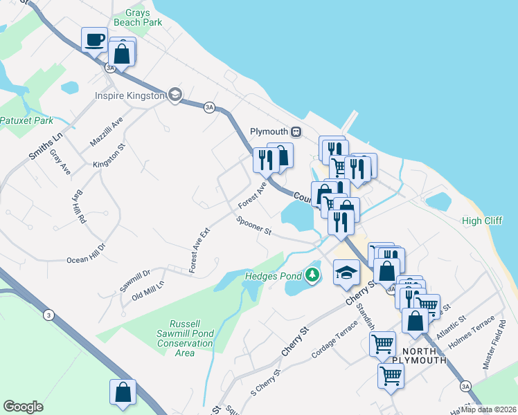 map of restaurants, bars, coffee shops, grocery stores, and more near 9 Forest Avenue Court in Plymouth