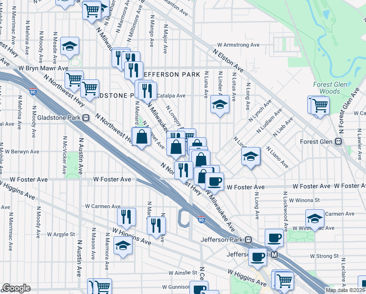 map of restaurants, bars, coffee shops, grocery stores, and more near 5339 North Milwaukee Avenue in Chicago