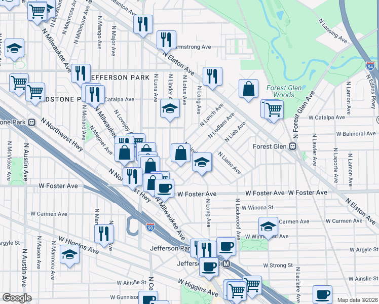 map of restaurants, bars, coffee shops, grocery stores, and more near 5232 North Ludlam Avenue in Chicago