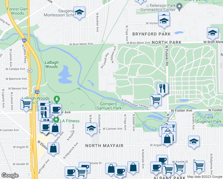 map of restaurants, bars, coffee shops, grocery stores, and more near 4320 West Berwyn Avenue in Chicago
