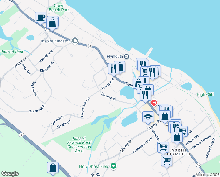 map of restaurants, bars, coffee shops, grocery stores, and more near 47 Spooner Street in Plymouth