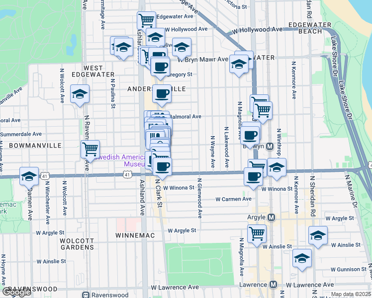 map of restaurants, bars, coffee shops, grocery stores, and more near 1426 West Farragut Avenue in Chicago