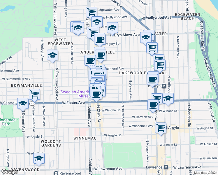 map of restaurants, bars, coffee shops, grocery stores, and more near 1470 West Farragut Avenue in Chicago