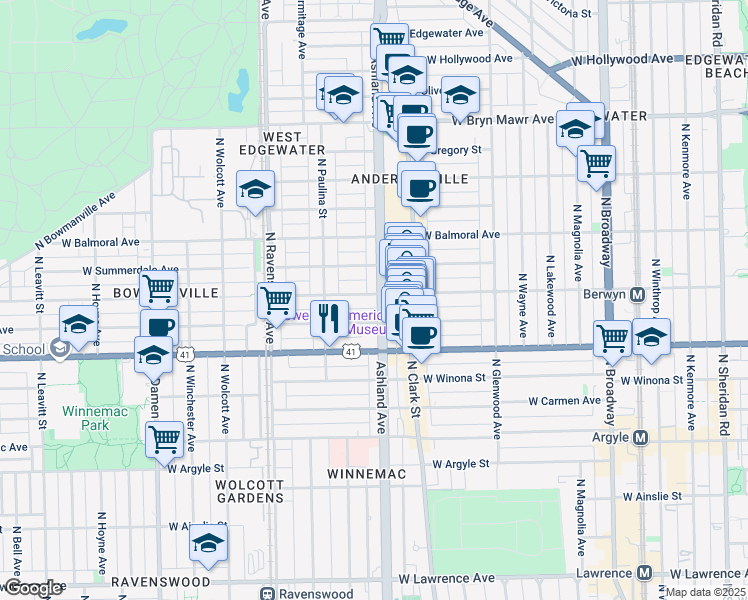 map of restaurants, bars, coffee shops, grocery stores, and more near 1616 West Farragut Avenue in Chicago