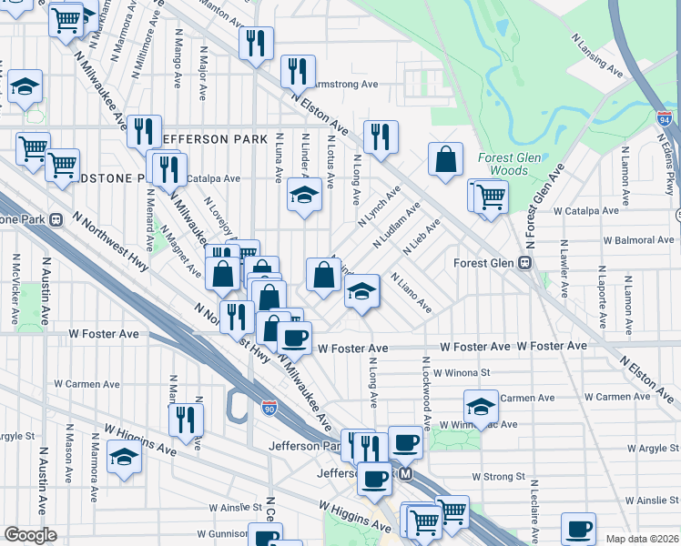 map of restaurants, bars, coffee shops, grocery stores, and more near 5232 North Ludlam Avenue in Chicago