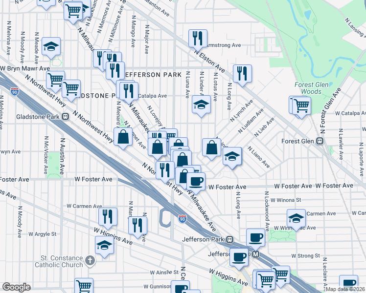 map of restaurants, bars, coffee shops, grocery stores, and more near 5301 North Central Avenue in Chicago