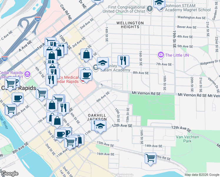 map of restaurants, bars, coffee shops, grocery stores, and more near 818 10th Avenue Southwest in Cedar Rapids