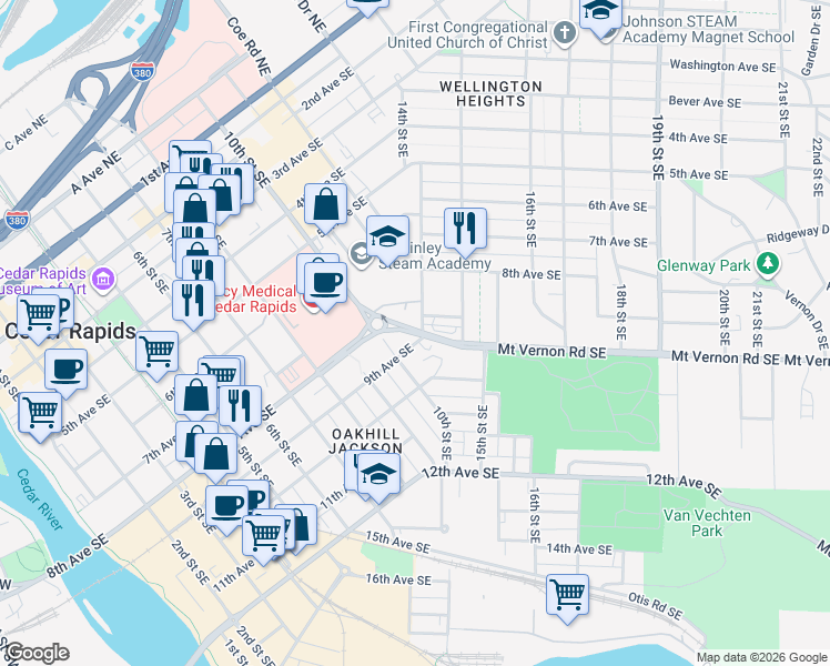 map of restaurants, bars, coffee shops, grocery stores, and more near 818 10th Avenue Southwest in Cedar Rapids