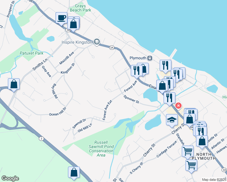 map of restaurants, bars, coffee shops, grocery stores, and more near 24 Park Road in Plymouth