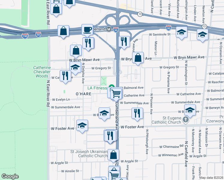 map of restaurants, bars, coffee shops, grocery stores, and more near 5440 North Cumberland Avenue in Chicago