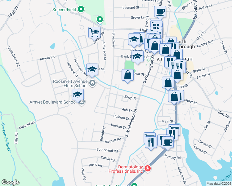 map of restaurants, bars, coffee shops, grocery stores, and more near 42 Avery Street in North Attleborough