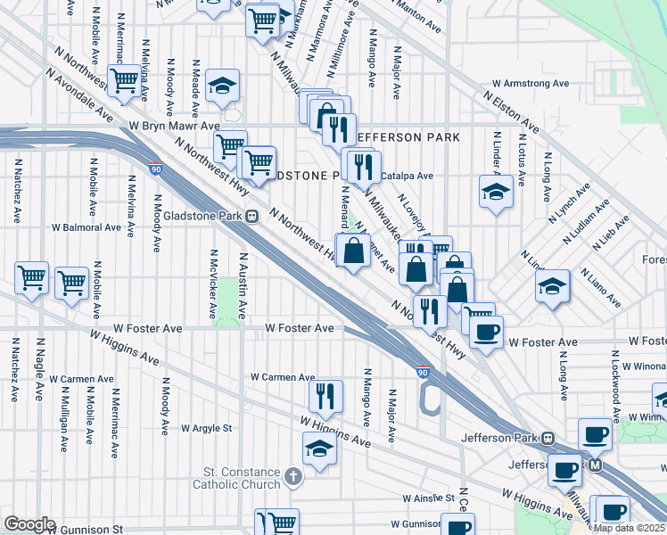 map of restaurants, bars, coffee shops, grocery stores, and more near 5366 North Northwest Highway in Chicago