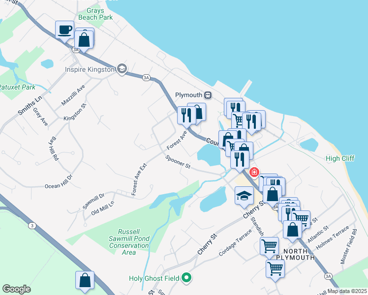 map of restaurants, bars, coffee shops, grocery stores, and more near Forest Avenue Court in Plymouth
