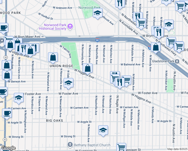 map of restaurants, bars, coffee shops, grocery stores, and more near 6549 West Higgins Avenue in Chicago