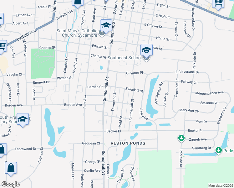 map of restaurants, bars, coffee shops, grocery stores, and more near 1039 Townsend Street in Sycamore
