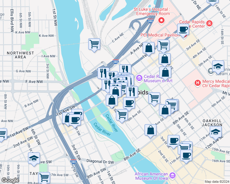 map of restaurants, bars, coffee shops, grocery stores, and more near 2nd Avenue Southeast & 2nd Street Southeast in Cedar Rapids