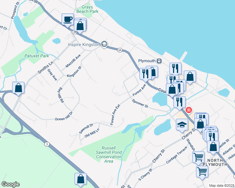 map of restaurants, bars, coffee shops, grocery stores, and more near 24 Park Road in Plymouth