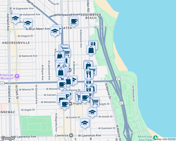map of restaurants, bars, coffee shops, grocery stores, and more near 5201 North Sheridan Road in Chicago