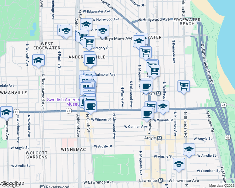 map of restaurants, bars, coffee shops, grocery stores, and more near 5241 North Glenwood Avenue in Chicago
