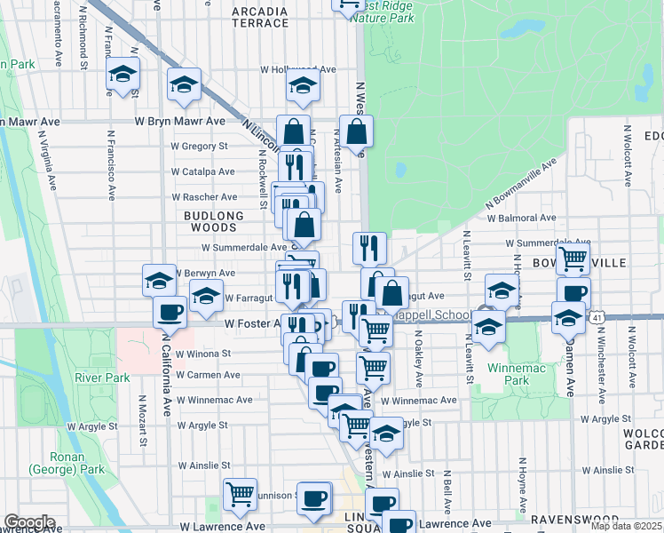 map of restaurants, bars, coffee shops, grocery stores, and more near 5252 North Campbell Avenue in Chicago