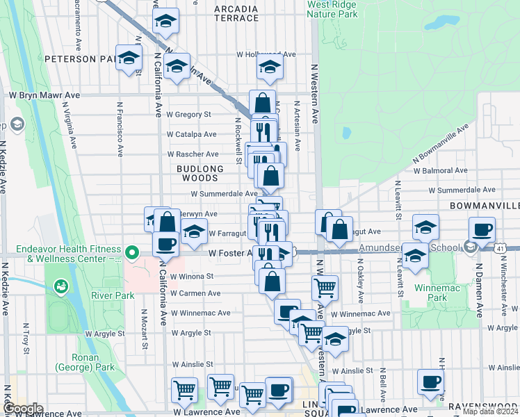 map of restaurants, bars, coffee shops, grocery stores, and more near 5250 North Lincoln Avenue in Chicago