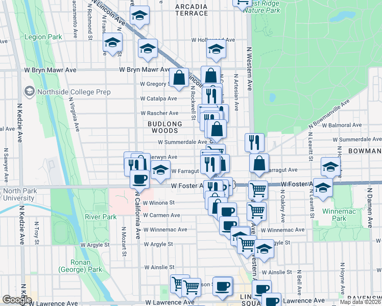map of restaurants, bars, coffee shops, grocery stores, and more near 2605 West Berwyn Avenue in Chicago