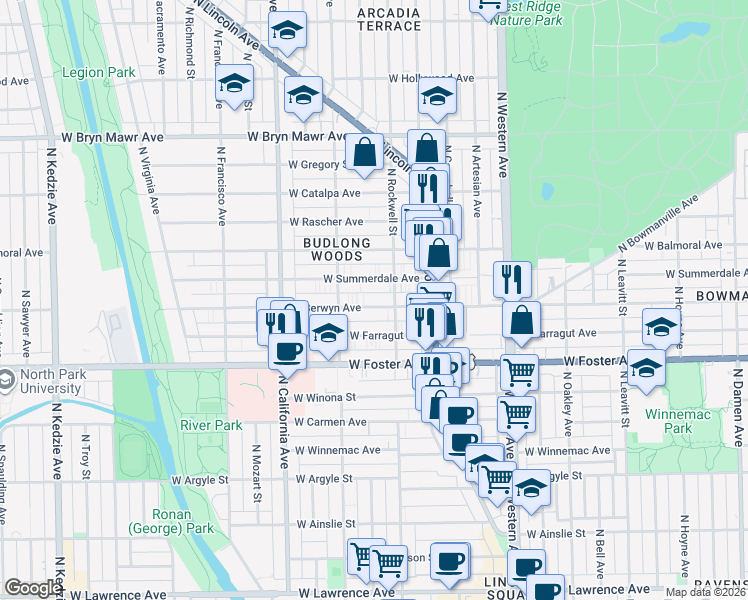 map of restaurants, bars, coffee shops, grocery stores, and more near 2605 West Berwyn Avenue in Chicago